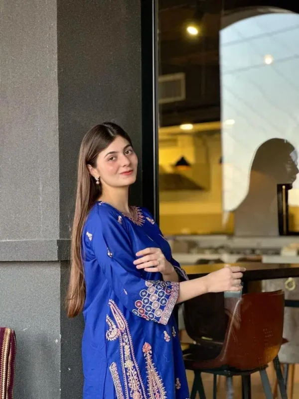 2 Pcs Women's Stitched Cotton Embroidered Shirt And Trouser Blue 3
