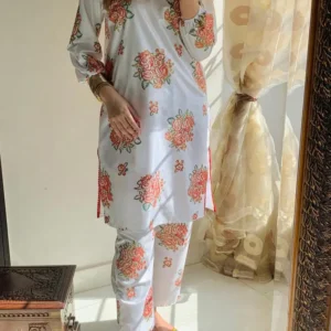 2 Pcs Women's Stitched Linen Printed Shirt And Trouser White