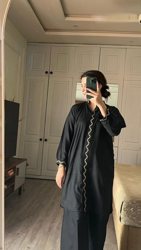 2 Piece Women’s Stitched Arabic Linen Plain Black 3