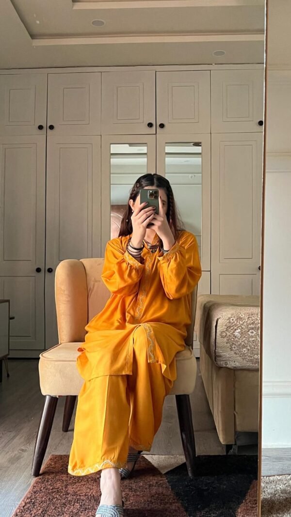 2 Piece Women’s Stitched Arabic Linen Plain Yellow Color 2