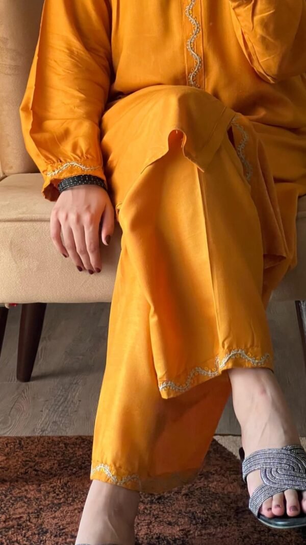 2 Piece Women’s Stitched Arabic Linen Plain Yellow Color 3