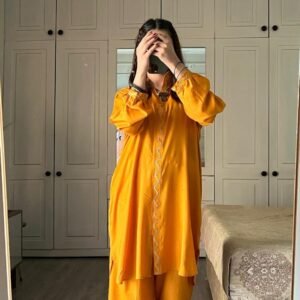 2 Piece Women’s Stitched Arabic Linen Plain Yellow Color