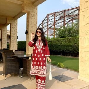 2 Piece Women’s Stitched Linen Chikankari Embroidered Red